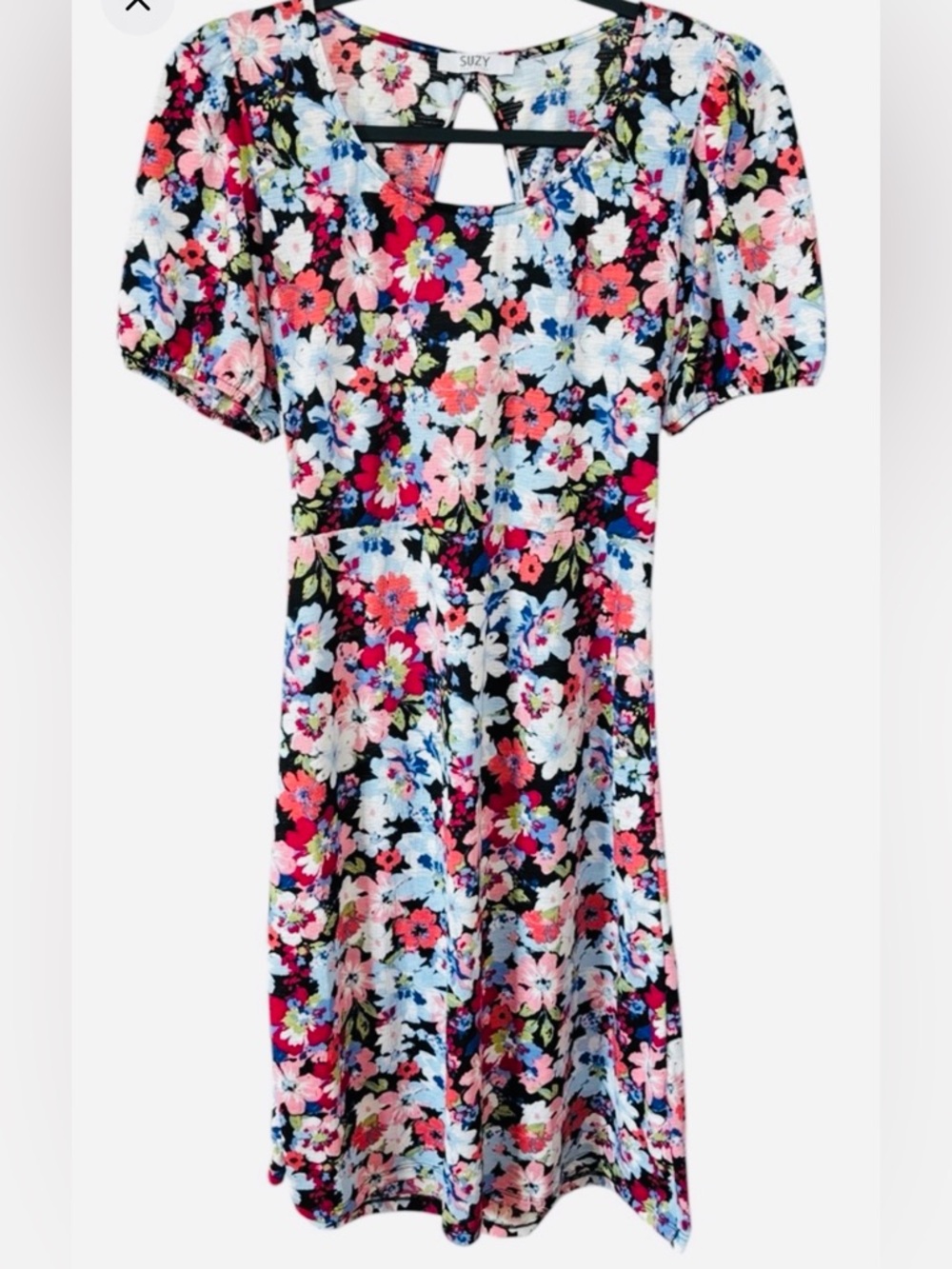 Suzy Shier Floral Fit & Flare Dress Open Back Cottagecore S Feminine Red Pink - Picture 3 of 12